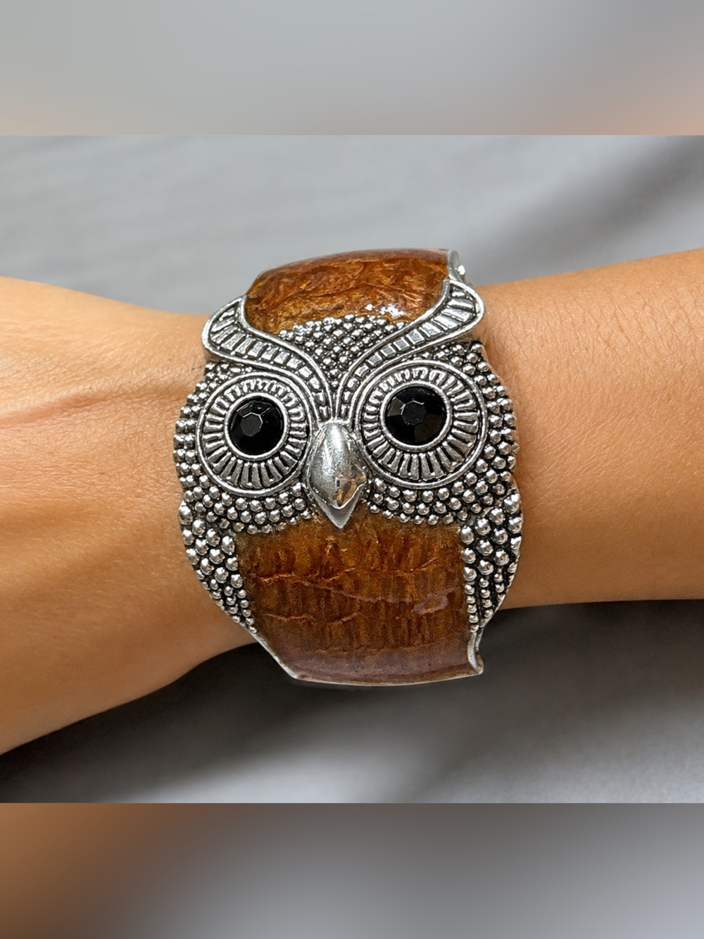 Vintage Owl Wide Cuff Bracelet | Brown Faux Leather | Boho Statement
